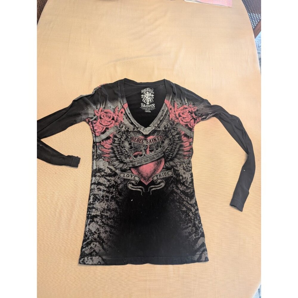 Rebel Saint by Affliction Women's T-shirt Ravenous Biker Tattoo Love and Ride L
